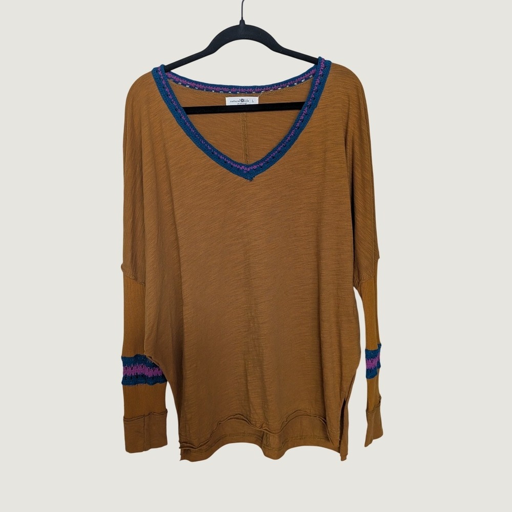 Natural Life Mustard Ochre Crochet Trim V-Neck Slouchy Long Sleeve Top Large